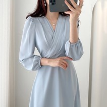 브이넥 소매 퍼프 롱 원피스 하늘비즈 A8 J134A187