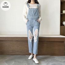 토마토팩토리 여성용 디스트로이드 연청 멜빵 배기팬츠