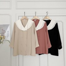 코지 로맨틱 이중 배색 빅카라 싸개단추 블라우스