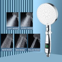 샤워기온도계 LED 스마트 샤워 헤드 Eehh 새로운 스타일의 온도 디지털 led 디스플레이 5 모드 조정 가능한 고압 핸드 홀드 목욕, 03 silver