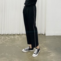 아도르클래식 원포인트 화이트 라인 핀턱 반밴딩 9부 세미 와이드 슬랙스