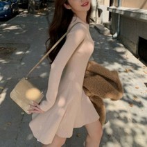 슬림 여성 스러운 플레어 니트 넥라운드 미니 원피스 롱원피스 프릴 나시 하객 미디 치마