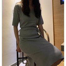 소라색 브이넥 니트 반팔 원피스