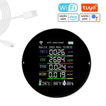 공기질측정기 미세먼지 산소농도 가스누출 Tuya wifi 휴대용 대기 질 측정기 7 in 1 pm2.5 co2 tvoc 온도 습도 테스터 캘린더 기능이있는 앱 제어, 검은색