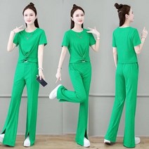 여성 여름 트레이닝세트 엄마등원룩 캠핑룩 상하세트 루즈핏 패션 운동복 피스 세트 여성 복장 캐주얼 체인 반팔 티셔츠 + 슬릿 와이드 레그