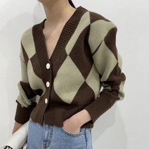세련 v넥 가디건 스웨터 여성 대비 색상 점퍼 겨울 바둑판