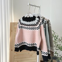 요시아나 [당일발송] 파스텔 눈꽃 배색 자가드 노르딕 니트 -3컬러