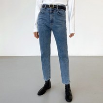 데님 사선 절개 일자 배기 팬츠