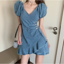 봄빛 빅사이즈 퍼프 언발 데님 미니 원피스 60490