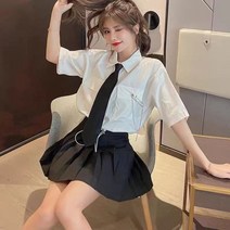 카고 다크 블랙 매치 스위트 체인 ins 학원풍 넥타이 작은 키 짧은 소매 셔츠 여자 상의 여름