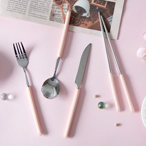 바네 커트러리 4종세트 수저 젓가락 포크 나이프, 핑크