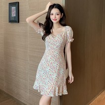 Maidefei 여름 잔꽃무늬 쉬폰 슬림 미니 원피스