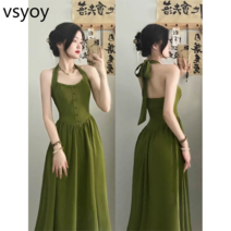 vsyoy 빈티지 홍콩 스타일 교수형 목 슬링 드레스 정장 여성의 여름 얇은 태양 보호 카디건 작은 신선한 허리 긴 드레스