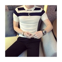 소셜 니트 슬림 줄무늬 셔츠 남성 여름 반팔 슬림핏 캐주얼 옴므