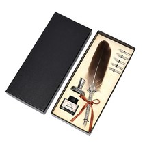 깃털 만년필 선물 세트 캘리그라피 레트로 서예 딥 펜 5 펜촉 퀼 분수 쓰기 크리 에이 티브 빈티지 편지지 클래식 상자 잉크없이, [01] 5 Nib, [04] Grey, 01 5 Nib