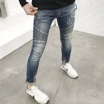 용된다 남성용 지퍼 바이커 슬림핏 데님청바지