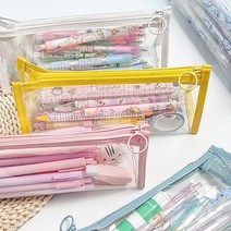 사각 PVC 투명 필통 다용도 수납 파우치 학생 여성 화장품 메이크업, 핑크