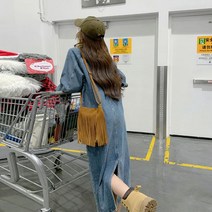 블루 빈티지 데님원피스 빅사이즈 루즈핏 청 멜빵치마