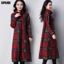 DFMEI 가을 겨울 긴팔 파일 칼라 드레스 느슨한 복고풍 격자 무늬 드레스 바닥 라인 스커트