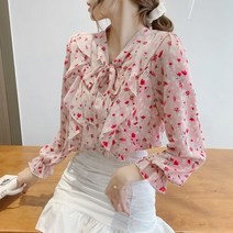퐁순싸롱 핑크 꽃 무늬 레이스 리본 쉬폰 봄 블라우스 SH