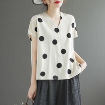 여자 여름 반팔 블라우스 린넨 브이넥 땡땡이 pem69, 아이보리