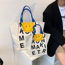 ANYOU 캐주얼 여성 레터링 프린트 캔버스 숄더백 스마일 토트백 마켓 백 기저귀 가방
