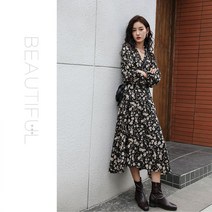 긴팔 플라워 프린트 쉬폰 롱 원피스 기본핏 폴리에스테르 혼방 원피스 스타일PT