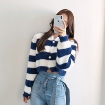 요시아나 [당일발송] 보들보들 스트라이프 크롭 가디건 -2컬러