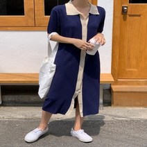 옷자락 [옷자락] 여자 배색카라 캐주얼 셔츠 버튼 키치 반팔 롱원피스
