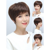 할머니 가발 중년 여성 통가발 여자 자연스러운 중장년 가발 여자 단발머리 엄마 리얼 헤어커버 머리핀, 다크브라운【기직조끼】100%올리얼헤어