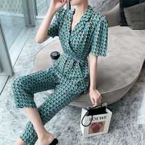 weihan퍼프소매 점프수트 꽃무늬 쉬푼 블라우스 점프슈트 빅사이즈 통바지