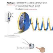 크리스마스 조명 장식 줄 LED COB Led 스트립 테이프 12V 320 leds/m 너비 8mm 어댑터 캐비닛 도어 터치 조광기 핸드 스위프 PIR 모션 센서 스위치, [04] Caninet Door Touch, [01] Pure White 6000K, [02] 2m