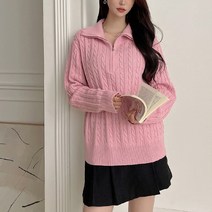 뜨개진 여성용 루즈핏 쫀쫀 꽈배기 루이턴 반집업 터틀넥 니트