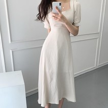스퀘어 입술넥 퍼프 스트랩 린넨 하객 롱 원피스