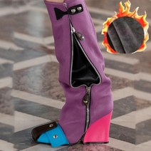 니하이 부츠 스퀘어 캣워크 패션 힐 마틴 토 슬립 온 컬러 매칭 혼합 색상 버클 리벳 슈즈