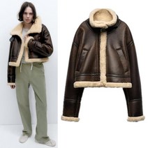 ZARA 브라운 무스탕 하이넥 에코 퍼 레더 가죽 숏 자켓