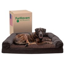 Furhaven 반려견 및 반려묘 침대 커피 점보 플러스 2XL 셰르파 셔닐 소파 스타일 쿨링 젤 폼 세탁 가능 커버