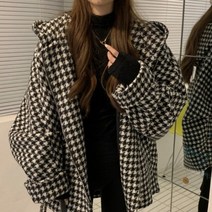 하운드 체크 코트 모직 후드 자켓 여성 겨울 결혼식 하객 돌잔치 여행 오피스 룩 여자 옷 루즈핏 슬림