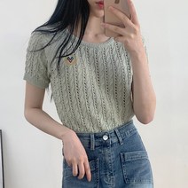 반해써 4color 월계수 펀칭 라운드 반팔 니트 T_YW1083