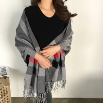 [비비애르] 버리 울 체크 시보리 배색 숄 니트 머플러 판쵸 가디건 브랜드퀄리티
