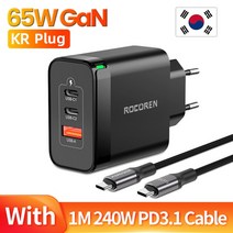 충전독 Rocoren GaN 고속 충전 QC PD USB C타입 아이폰 14 100W 65W, 7.65W KR With Cable