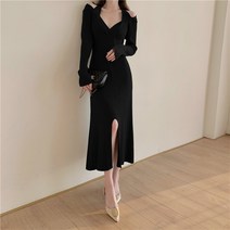 넷투넷코리아 여성 롱 원피스 오프숄더 슬림핏 심플 앞트임 하객룩