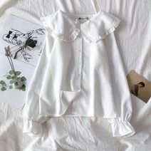둥근카라블라우스 셔츠 여성 솔리드 피터팬 칼라 kawaii sweet girls kroean 스타일 플레어 슬리브 간단한 femme 데일리 레저 하이 스트리트