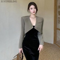 JUSTFEELING 여자 세트 숏 정장코트+프렌치 뷔스티원피스 럭셔리 오피스룩 고급스러운 롱 원피스