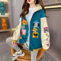 ANYOU 여성 야구점퍼 캐릭터 자수 루즈핏 야구점퍼 바람막이 야구점퍼 후드티