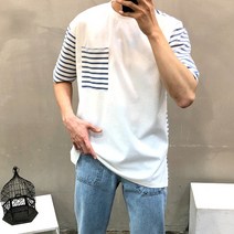 맨스토리 / 루즈핏 소매포켓 스트라이프 남자 여름 반팔티