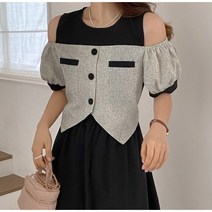 [랜덤플레이] 민소매 레이어드 퍼프 오프숄더 배색 롱원피스