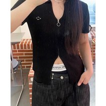 여성 브이넥 니트 가디건 슬림핏 다이아몬드 메탈 슬리밍 반팔 집업 쇼트 탑