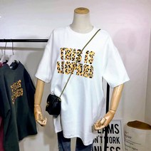 여름 라운드넥티셔츠여성 루즈핏 레오파드 호피 레터링 면 티 셔츠 QUY071 +사은품