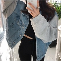 모나케이 배색청자켓 후드청자켓 청배색점퍼 데님 오버핏 숏 청배색후드 캐주얼 커풀룩 루즈핏 봄가을